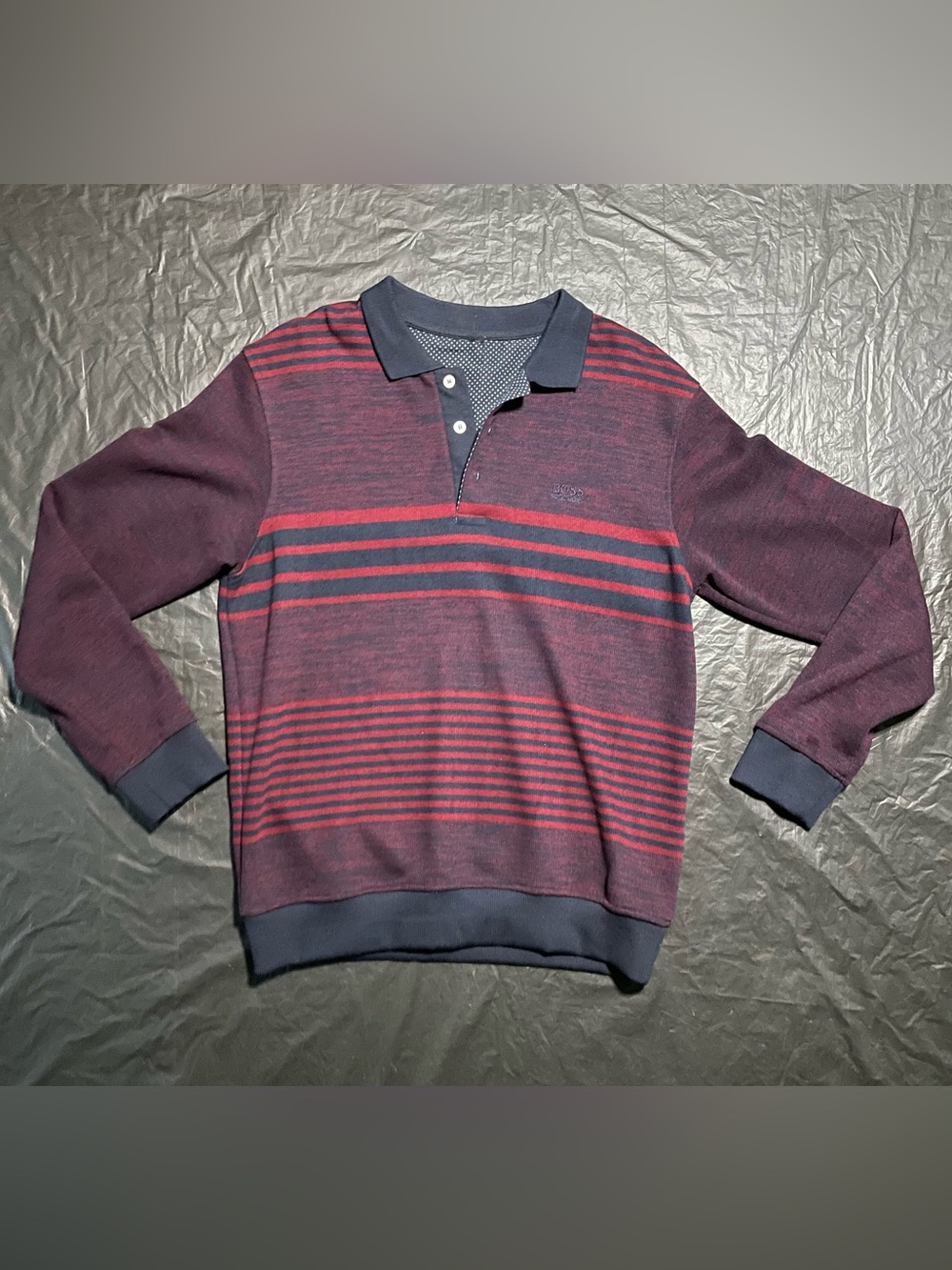 Hugo Boss Men’s Long Sleeve Knit Polo Sweater Burgundy Navy Striped Size L